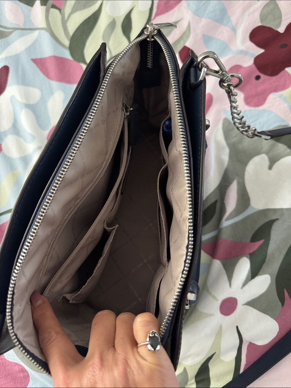 Michael Kors Navy Floral Applique Satchel with Gray and Tan Accents - Picture 3 of 7